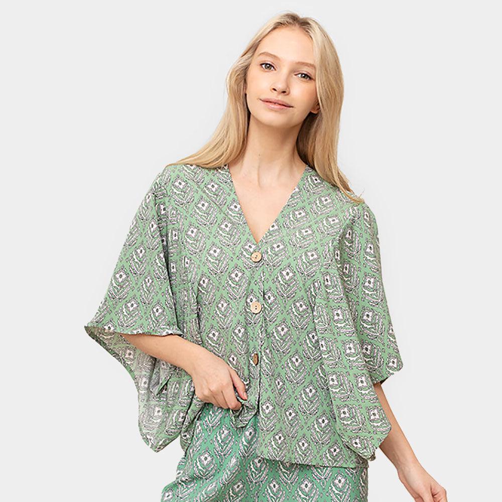 Green Floral Print Button Down Kimono Poncho