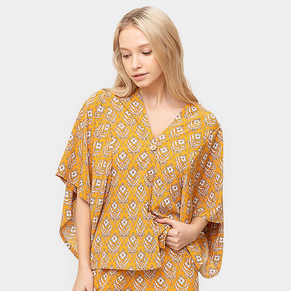 Yellow Floral Print Button Down Kimono Poncho