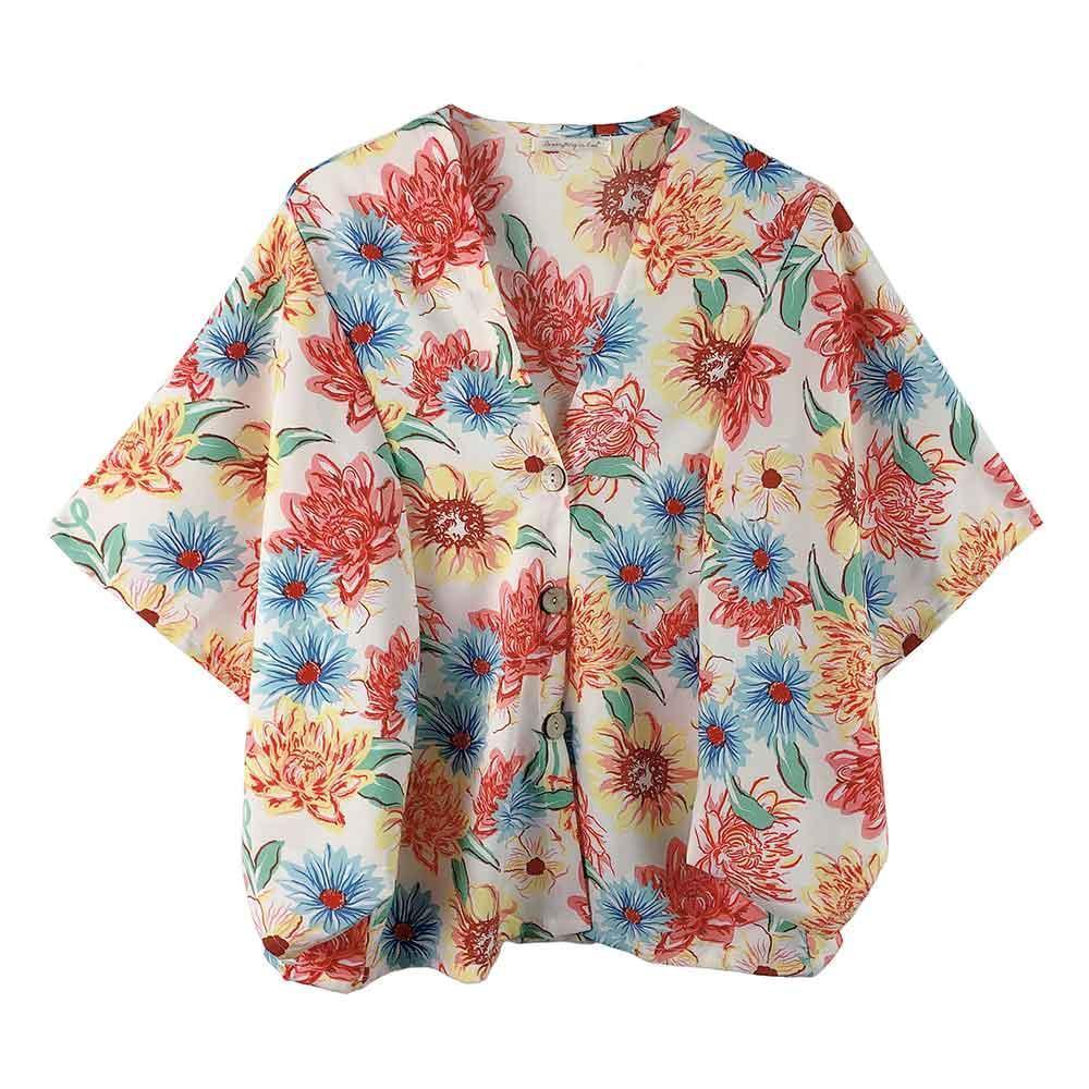 Ivory Floral Print Button Down Kimono Poncho - Jewelry Store by Erik Rayo