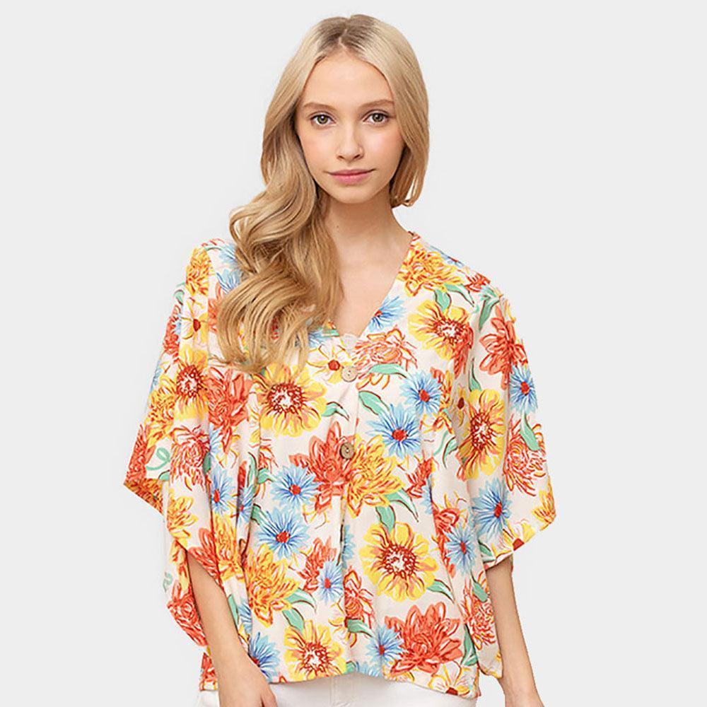 Ivory Floral Print Button Down Kimono Poncho - Jewelry Store by Erik Rayo