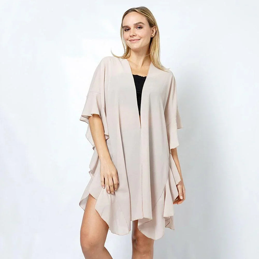 Beige Chiffon Ruffle Kimono Poncho - Jewelry Store by Erik Rayo