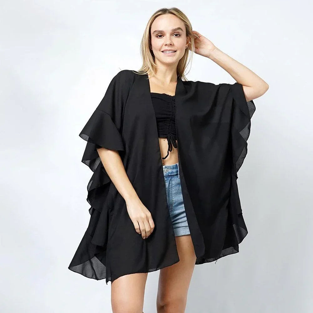 Black Chiffon Ruffle Kimono Poncho - Jewelry Store by Erik Rayo