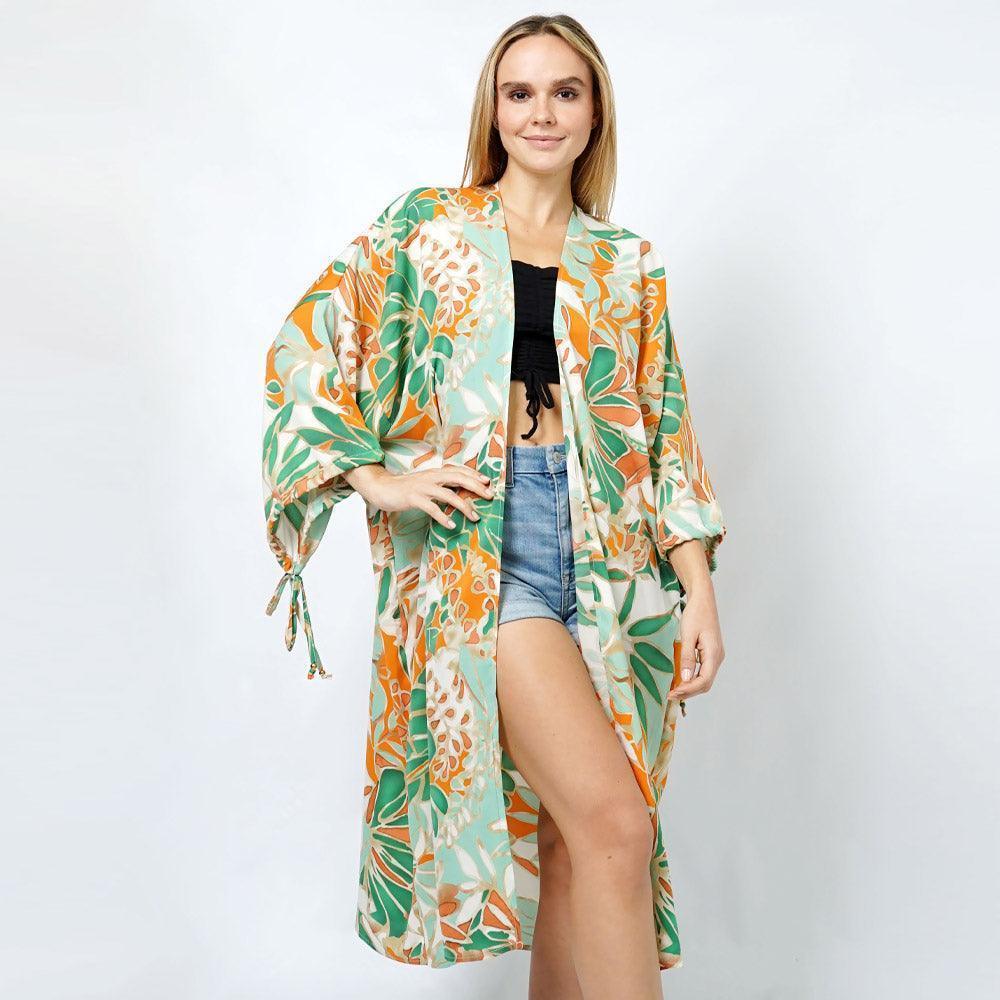 Orange Tropical Print Kimono Poncho with Sleeves - Jewelry Store by Erik Rayo