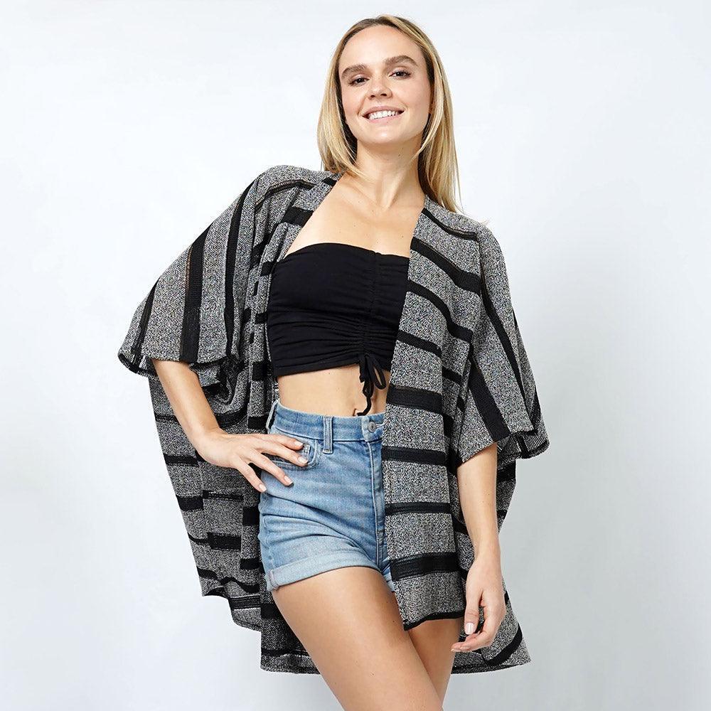 Black Stripe Relaxed Fit Kimono Poncho - Jewelry Store by Erik Rayo
