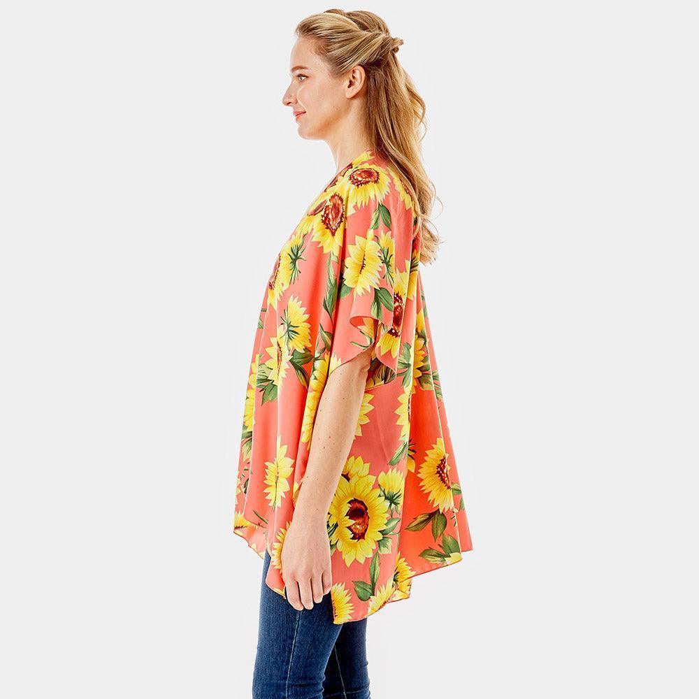 Pink Sunflower Print Cover Up Kimono Poncho - Jewelry Store by Erik Rayo