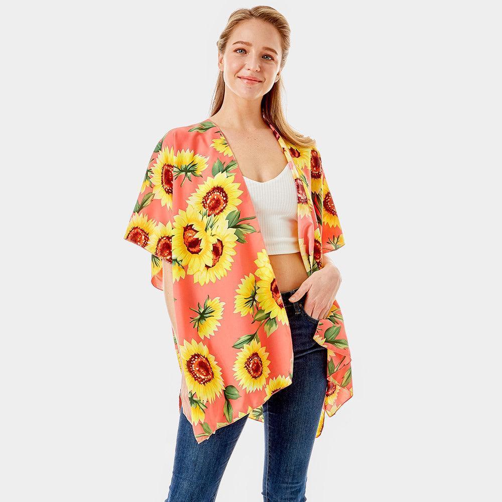 Pink Sunflower Print Cover Up Kimono Poncho - Jewelry Store by Erik Rayo