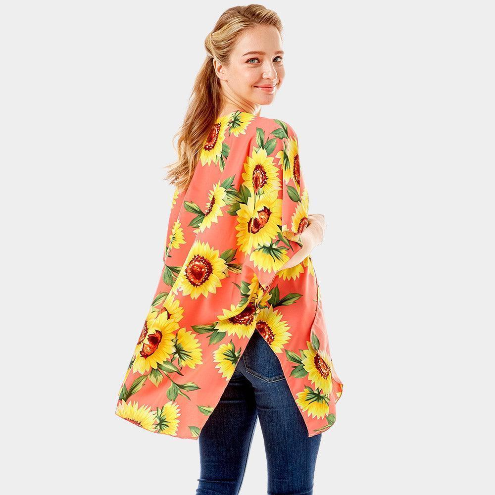 Pink Sunflower Print Cover Up Kimono Poncho - Jewelry Store by Erik Rayo