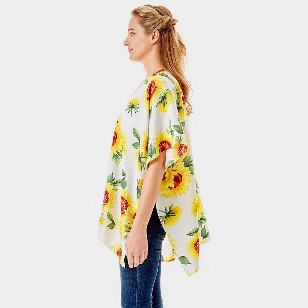 White Sunflower Print Cover Up Kimono Poncho - Jewelry Store by Erik Rayo