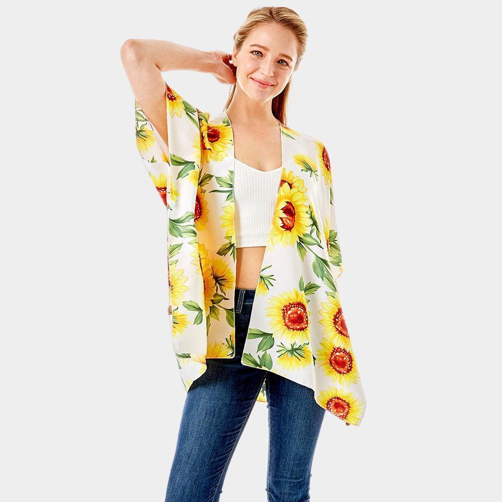 White Sunflower Print Cover Up Kimono Poncho - Jewelry Store by Erik Rayo