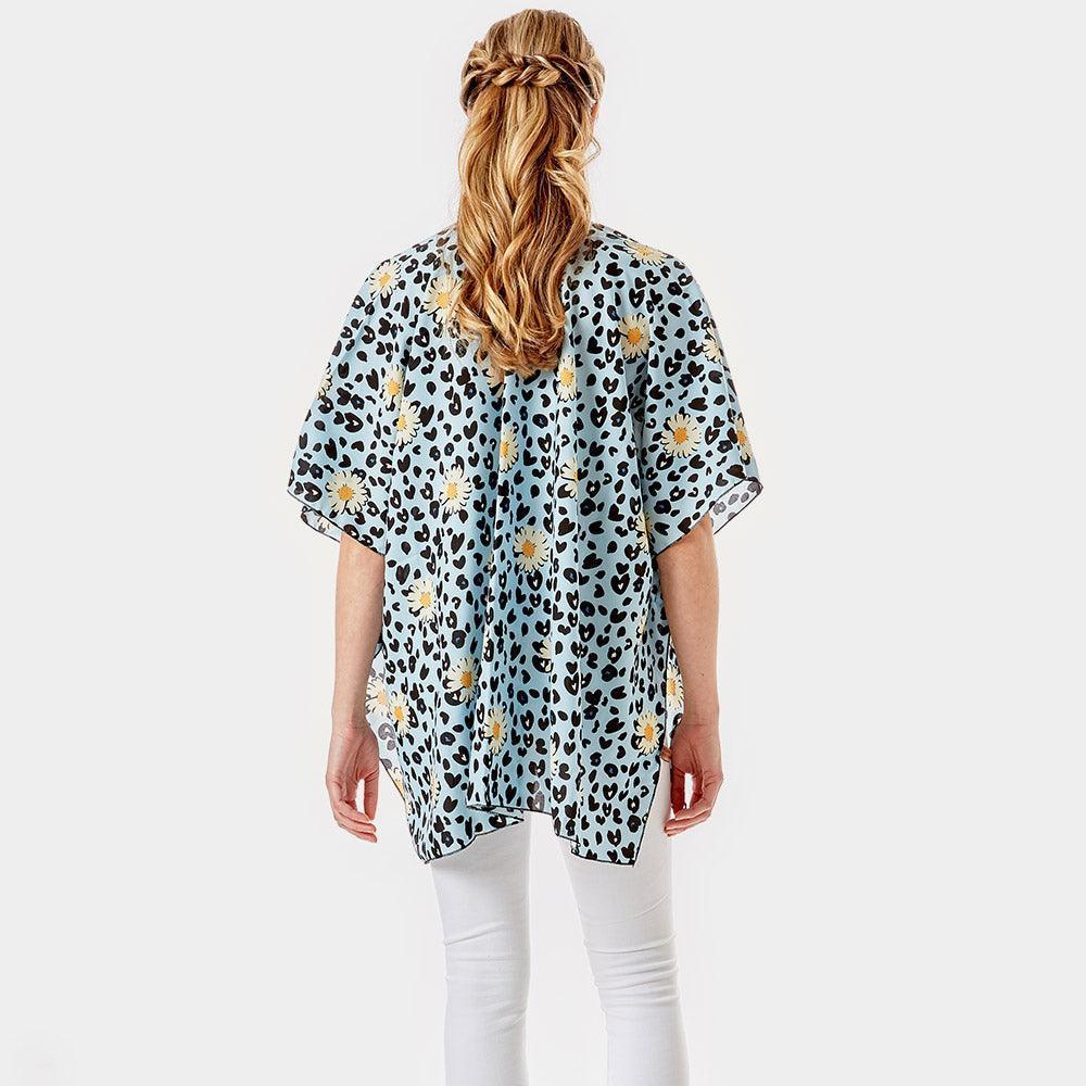 Aqua Leopard Pattern Daisy Flower Print Cover Up Kimono Poncho - Jewelry Store by Erik Rayo