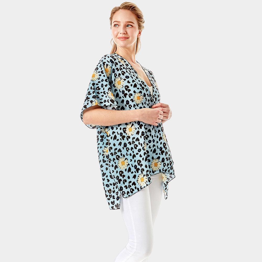 Aqua Leopard Pattern Daisy Flower Print Cover Up Kimono Poncho - Jewelry Store by Erik Rayo