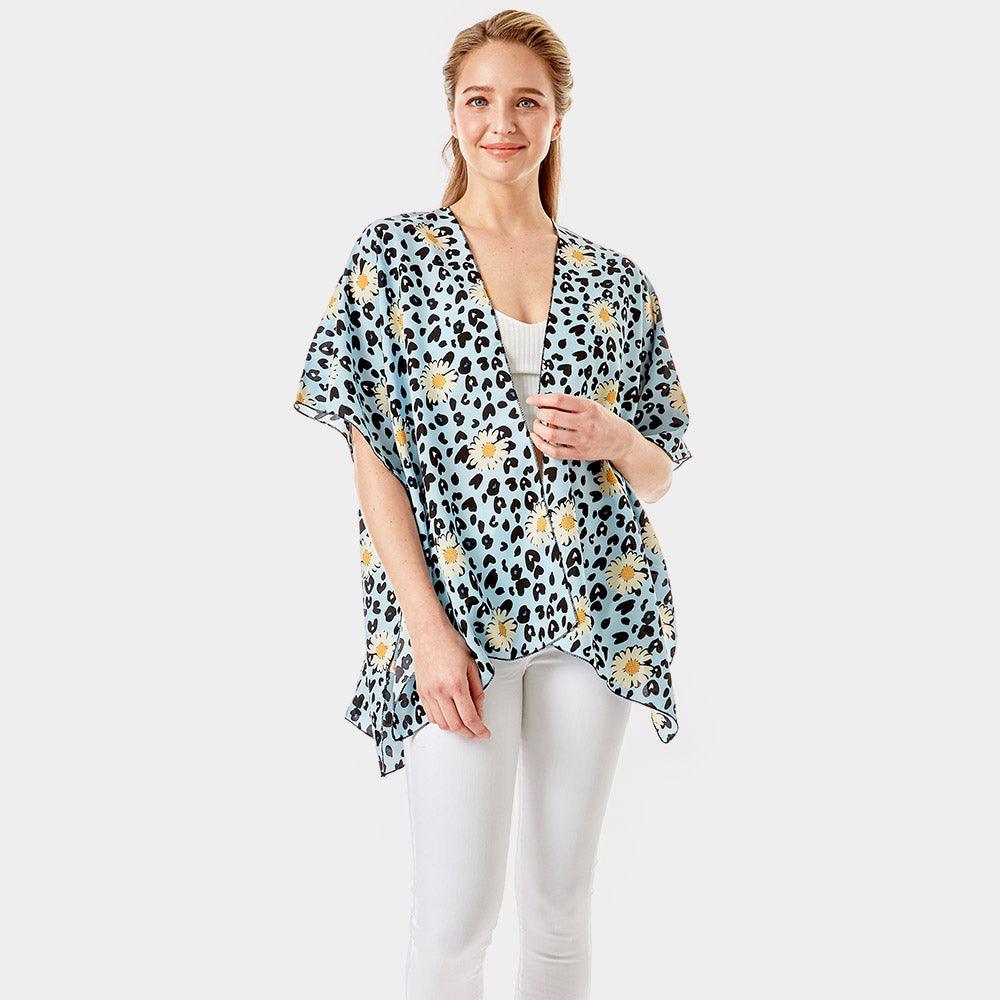 Aqua Leopard Pattern Daisy Flower Print Cover Up Kimono Poncho