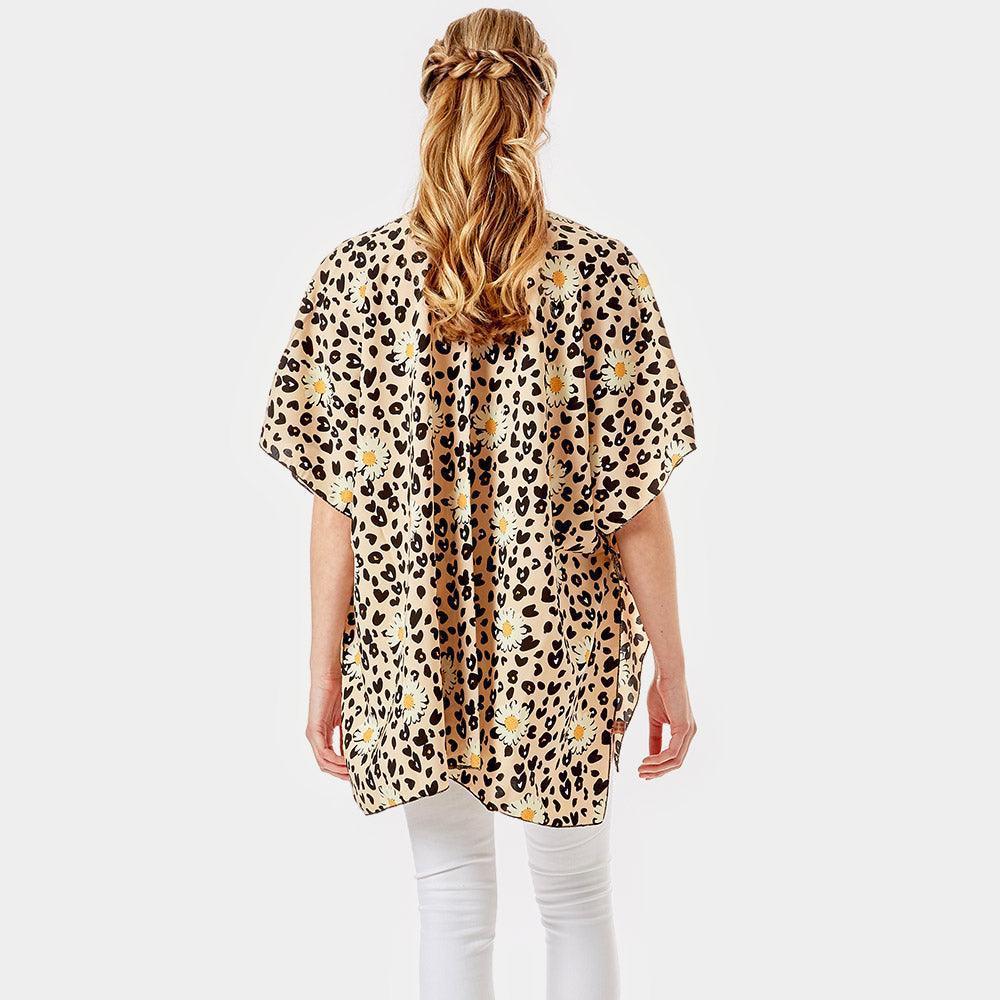 Beige Leopard Pattern Daisy Flower Print Cover Up Kimono Poncho - Jewelry Store by Erik Rayo