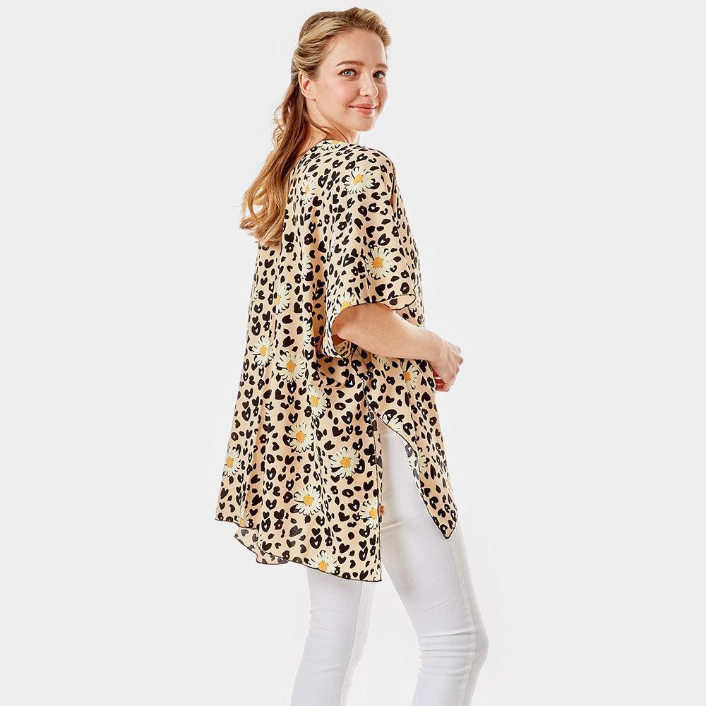 Beige Leopard Pattern Daisy Flower Print Cover Up Kimono Poncho - Jewelry Store by Erik Rayo