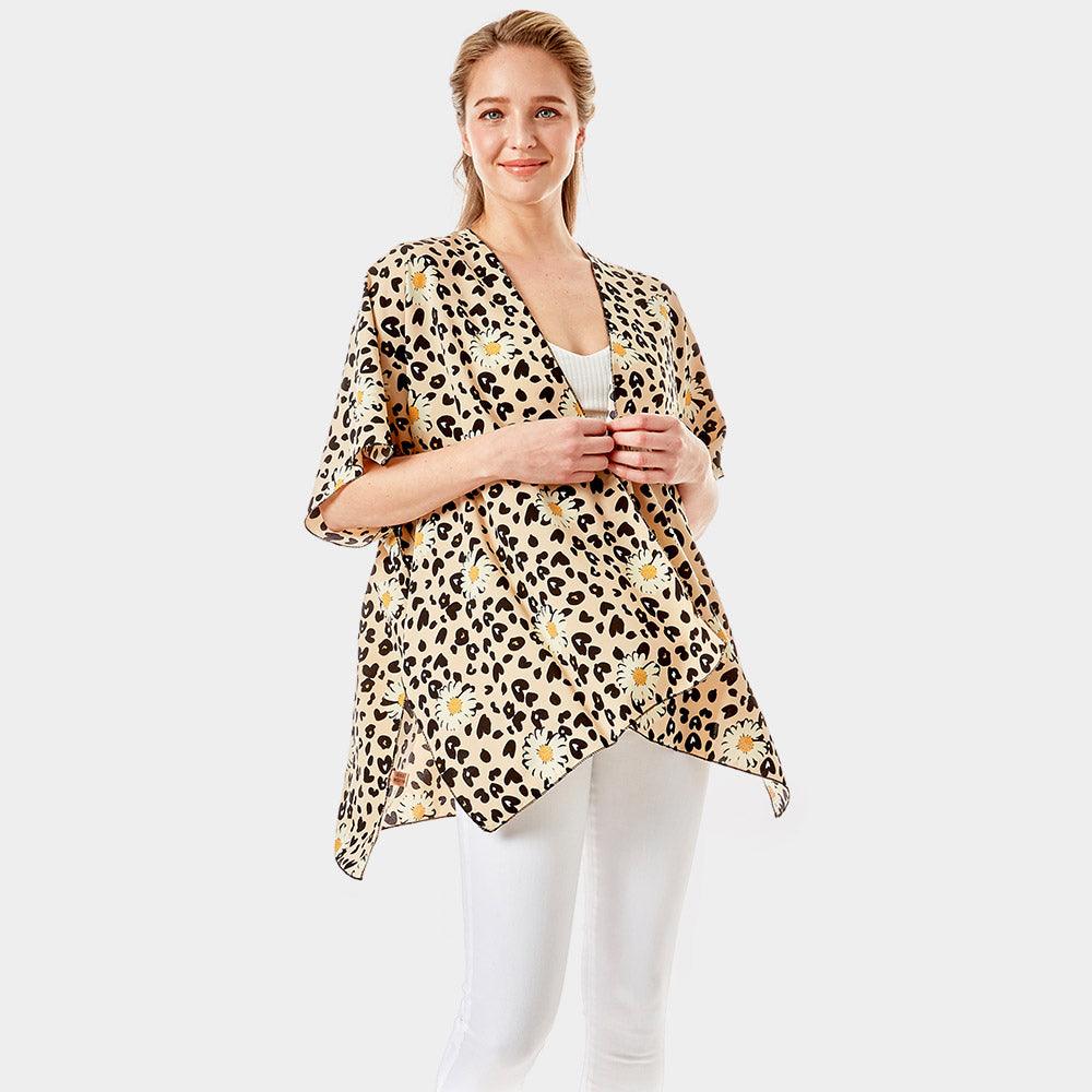 Beige Leopard Pattern Daisy Flower Print Cover Up Kimono Poncho