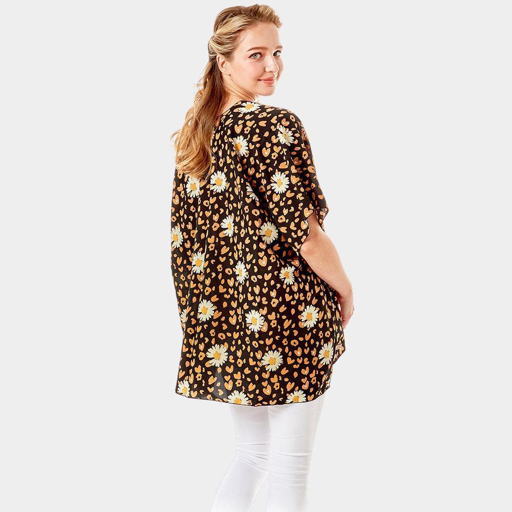 Black Leopard Pattern Daisy Flower Print Cover Up Kimono Poncho - Jewelry Store by Erik Rayo