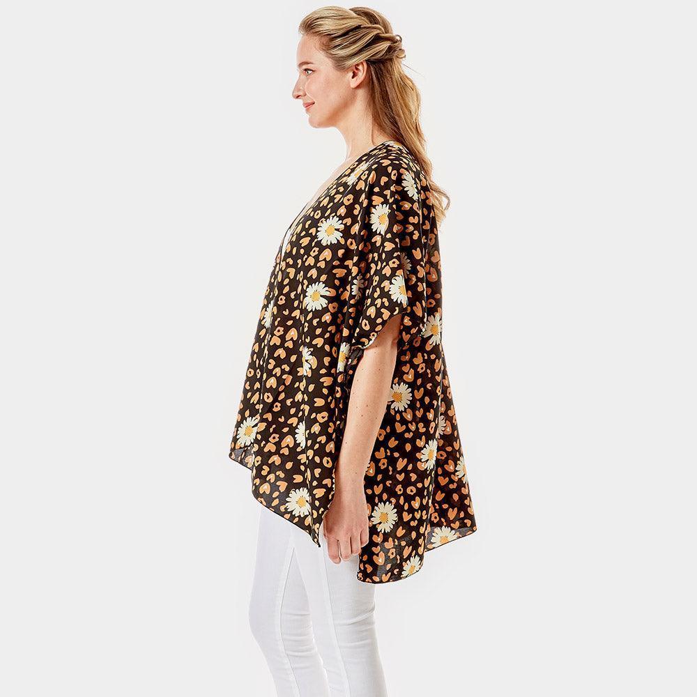 Black Leopard Pattern Daisy Flower Print Cover Up Kimono Poncho - Jewelry Store by Erik Rayo