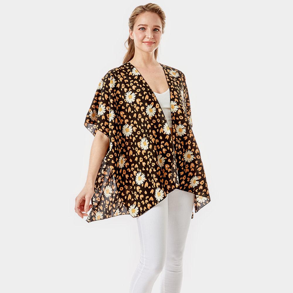 Black Leopard Pattern Daisy Flower Print Cover Up Kimono Poncho