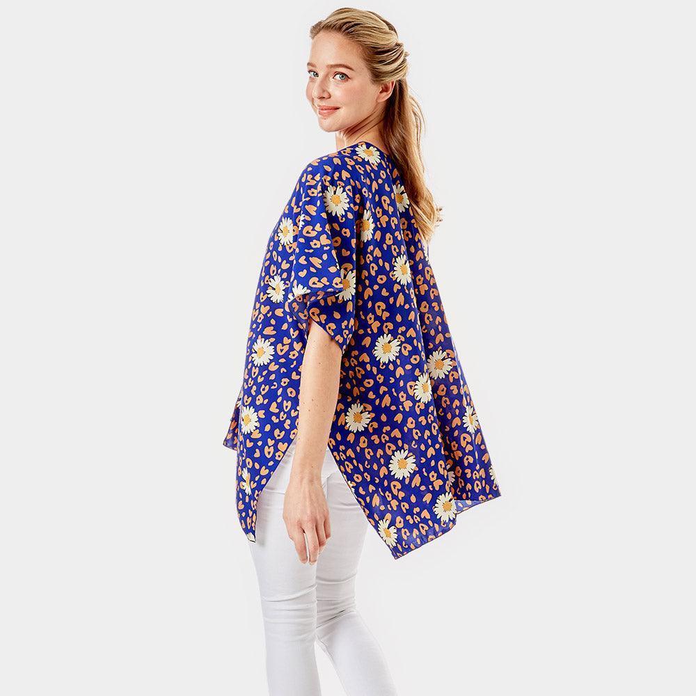 Blue Leopard Pattern Daisy Flower Print Cover Up Kimono Poncho - Jewelry Store by Erik Rayo