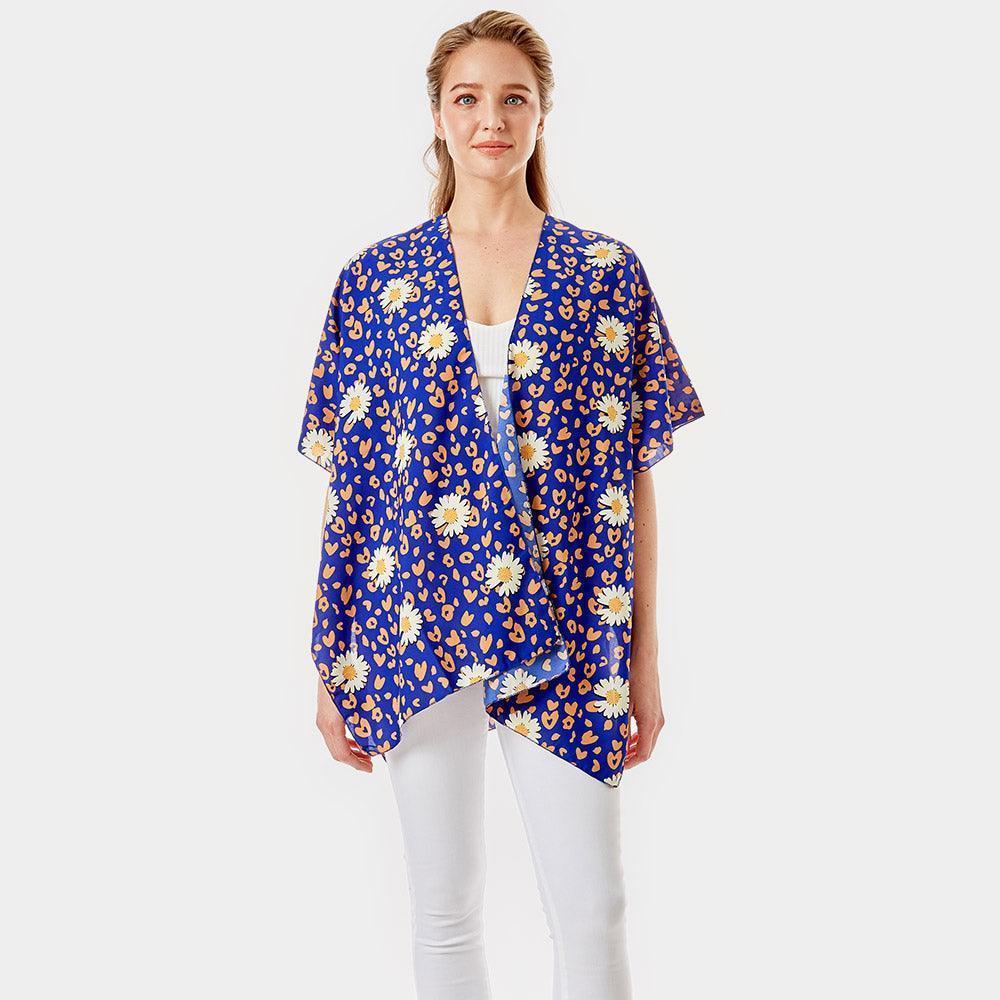 Blue Leopard Pattern Daisy Flower Print Cover Up Kimono Poncho - Jewelry Store by Erik Rayo