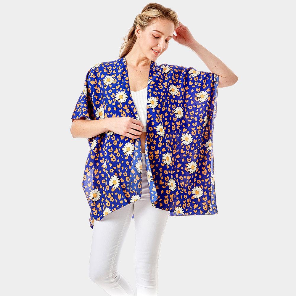 Blue Leopard Pattern Daisy Flower Print Cover Up Kimono Poncho