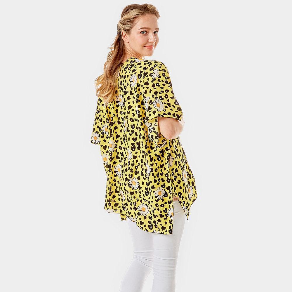 Yellow Leopard Pattern Daisy Flower Print Cover Up Kimono Poncho - Jewelry Store by Erik Rayo