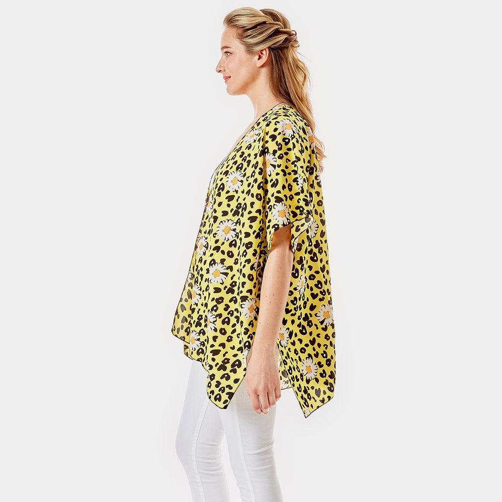 Yellow Leopard Pattern Daisy Flower Print Cover Up Kimono Poncho - Jewelry Store by Erik Rayo