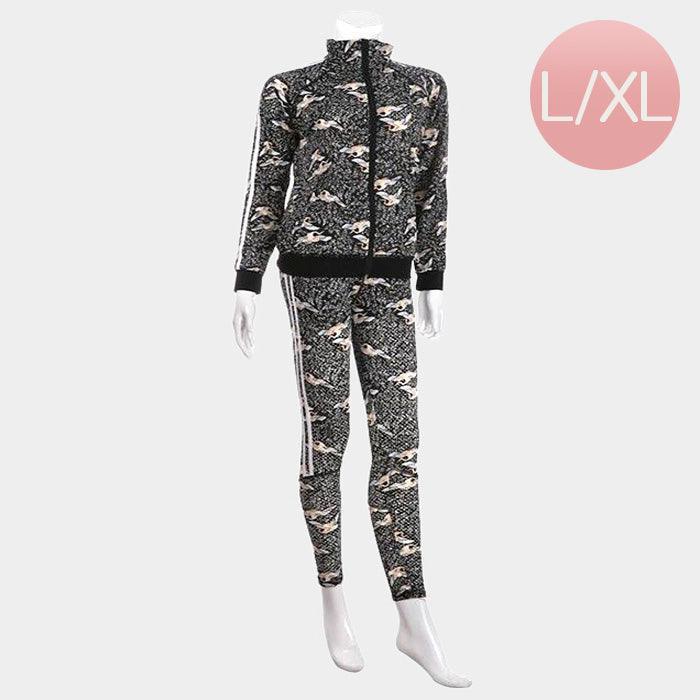 Black Bird Patterned Side Double Stripe Detail Track Jacket Pants Set - Jewelry Store by Erik Rayo