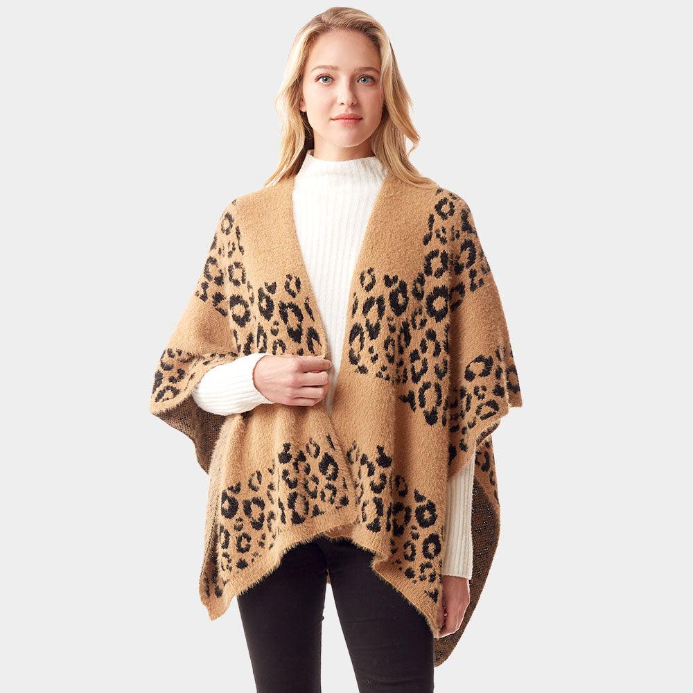 Beige Leopard Patterned Soft Fuzzy Ruana Poncho