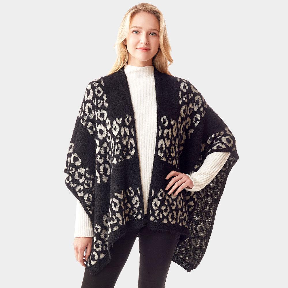 Black Leopard Patterned Soft Fuzzy Ruana Poncho