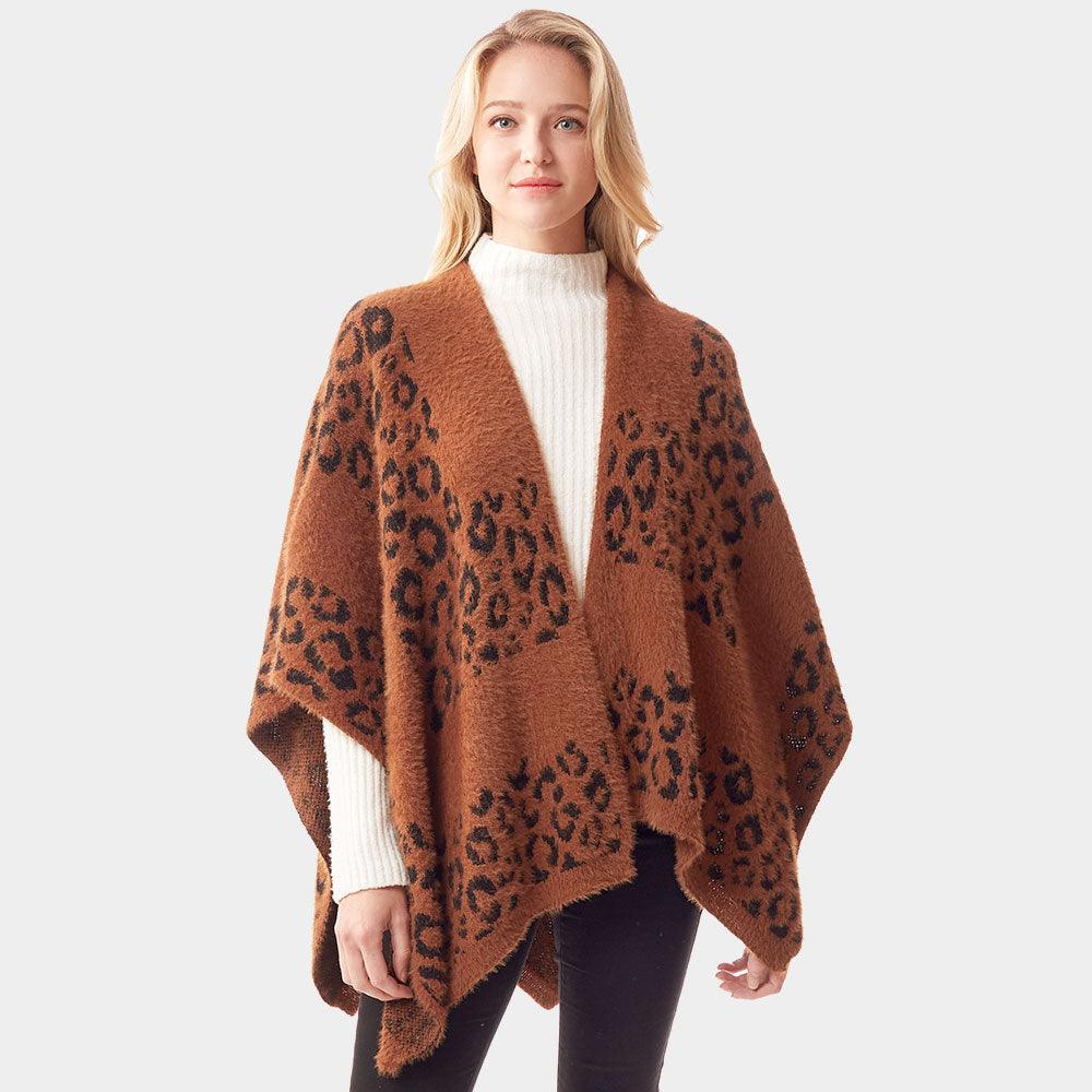 Brown Leopard Patterned Soft Fuzzy Ruana Poncho