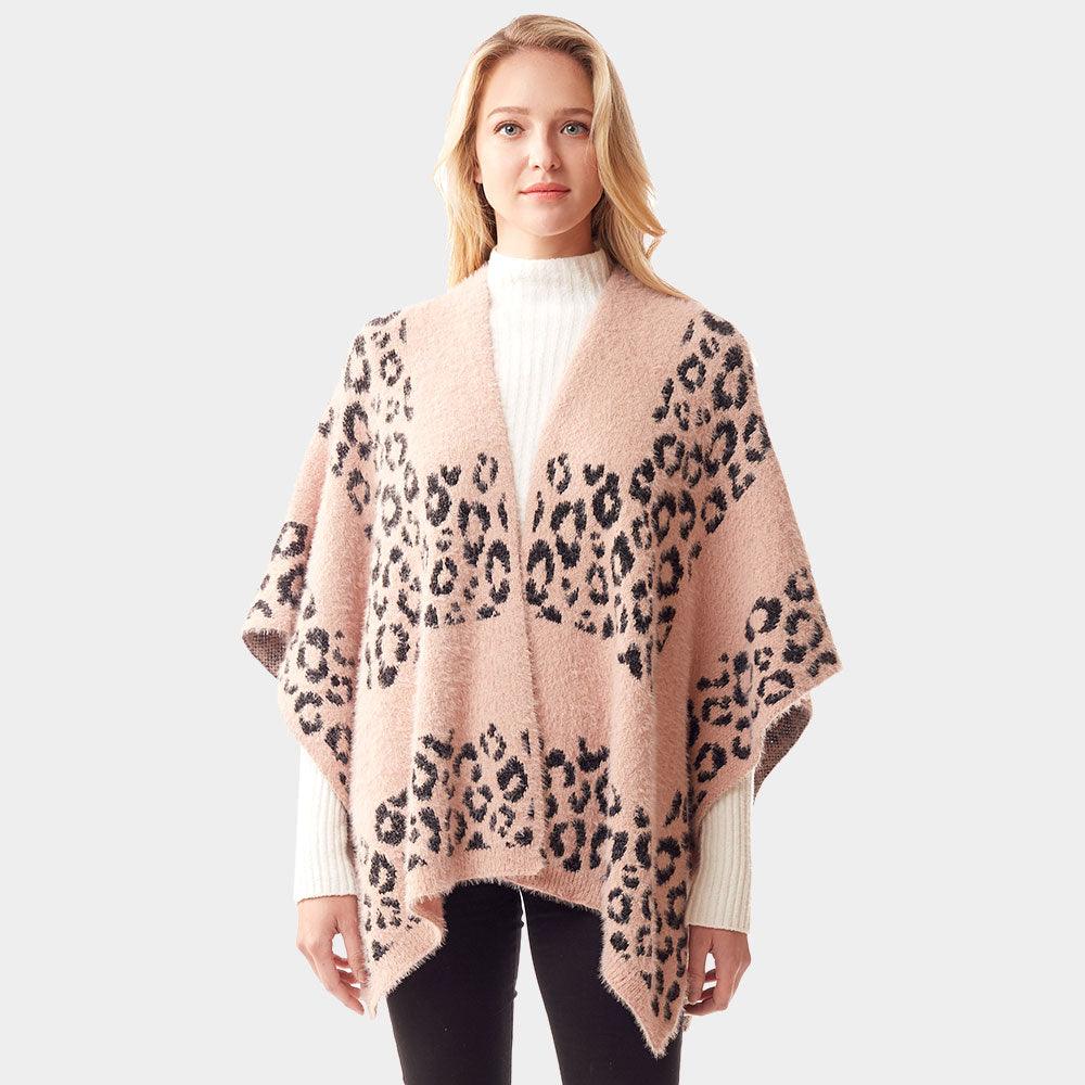 Pink Leopard Patterned Soft Fuzzy Ruana Poncho