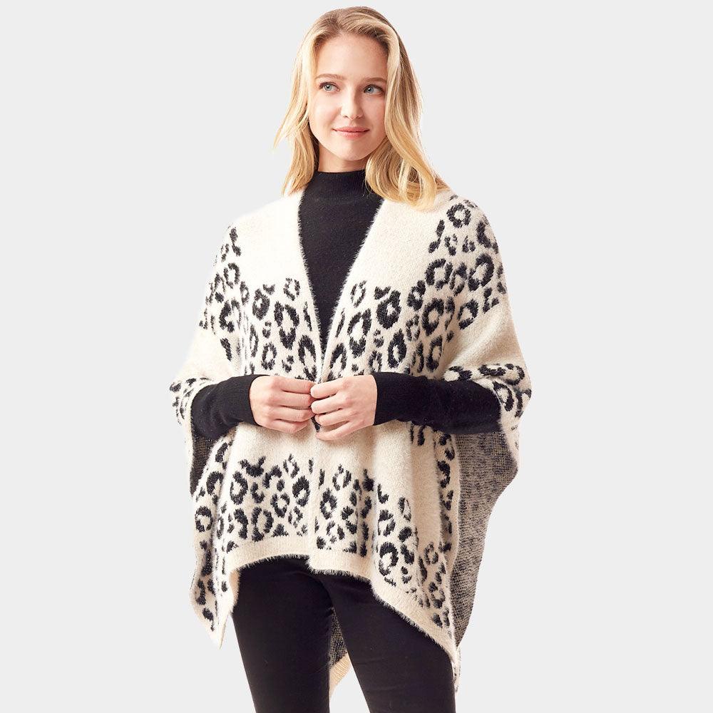 White Leopard Patterned Soft Fuzzy Ruana Poncho