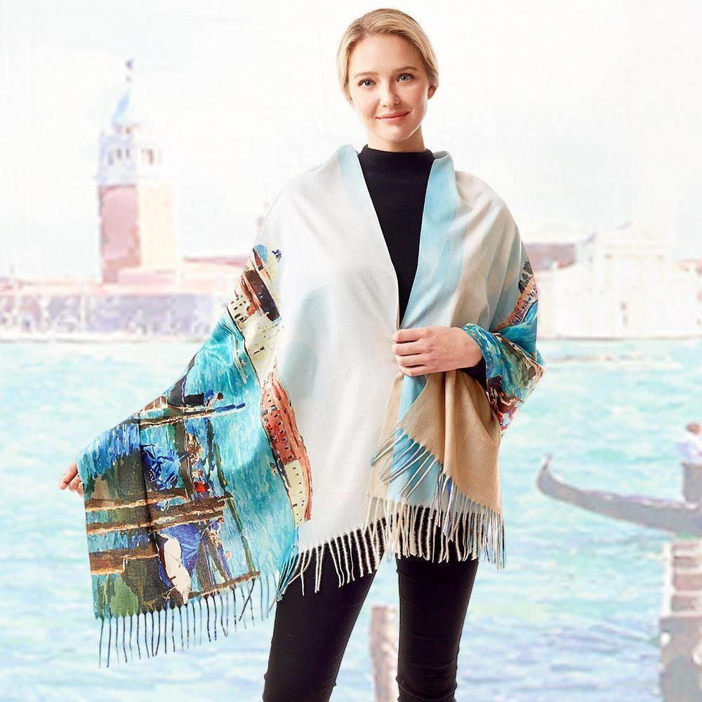 Blue Watercolor Painting of Boats on The River Printed Scarf - Jewelry Store by Erik Rayo
