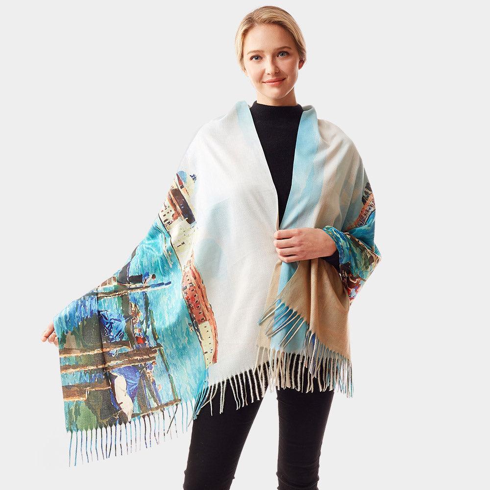 Blue Watercolor Painting of Boats on The River Printed Scarf - Jewelry Store by Erik Rayo