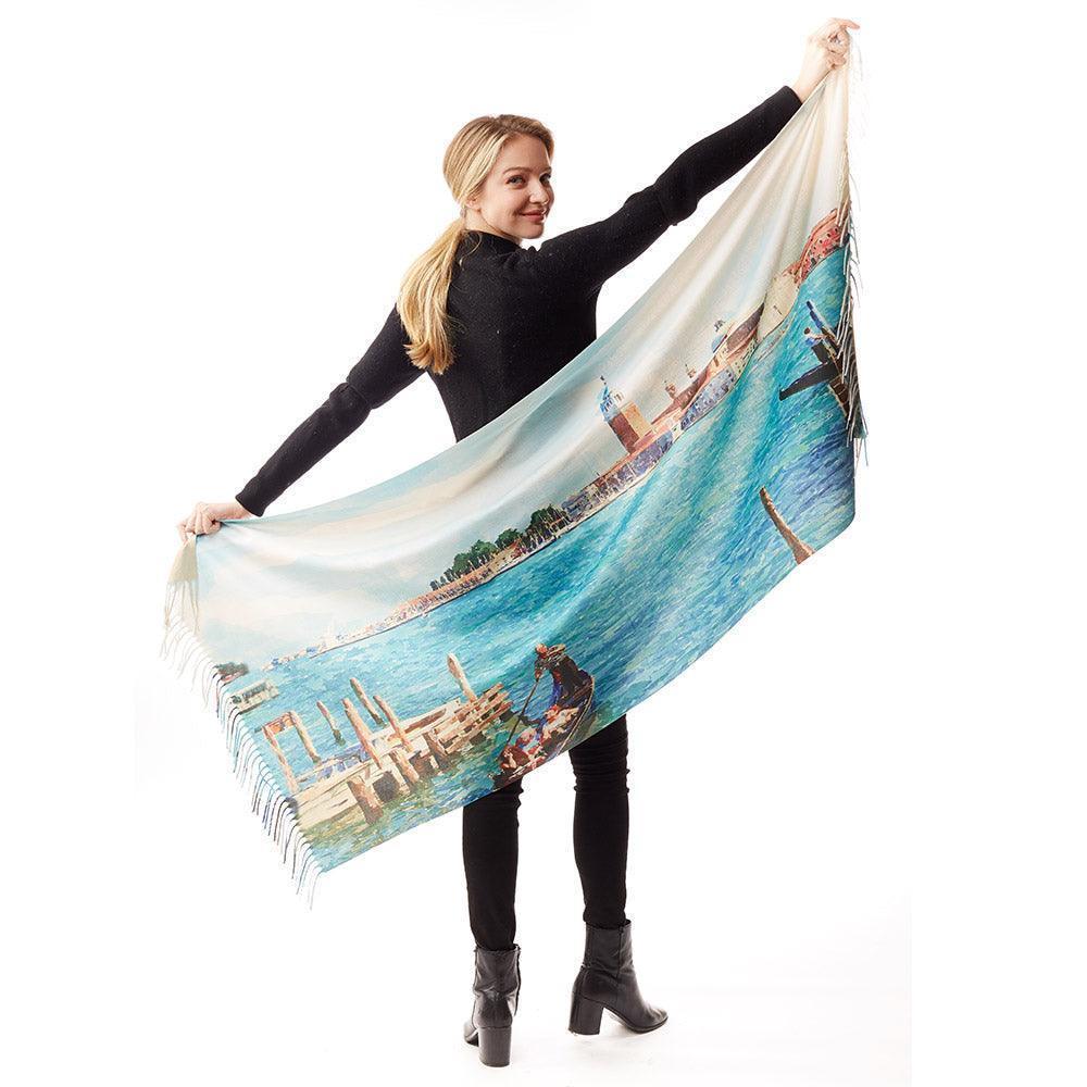 Blue Watercolor Painting of Boats on The River Printed Scarf - Jewelry Store by Erik Rayo