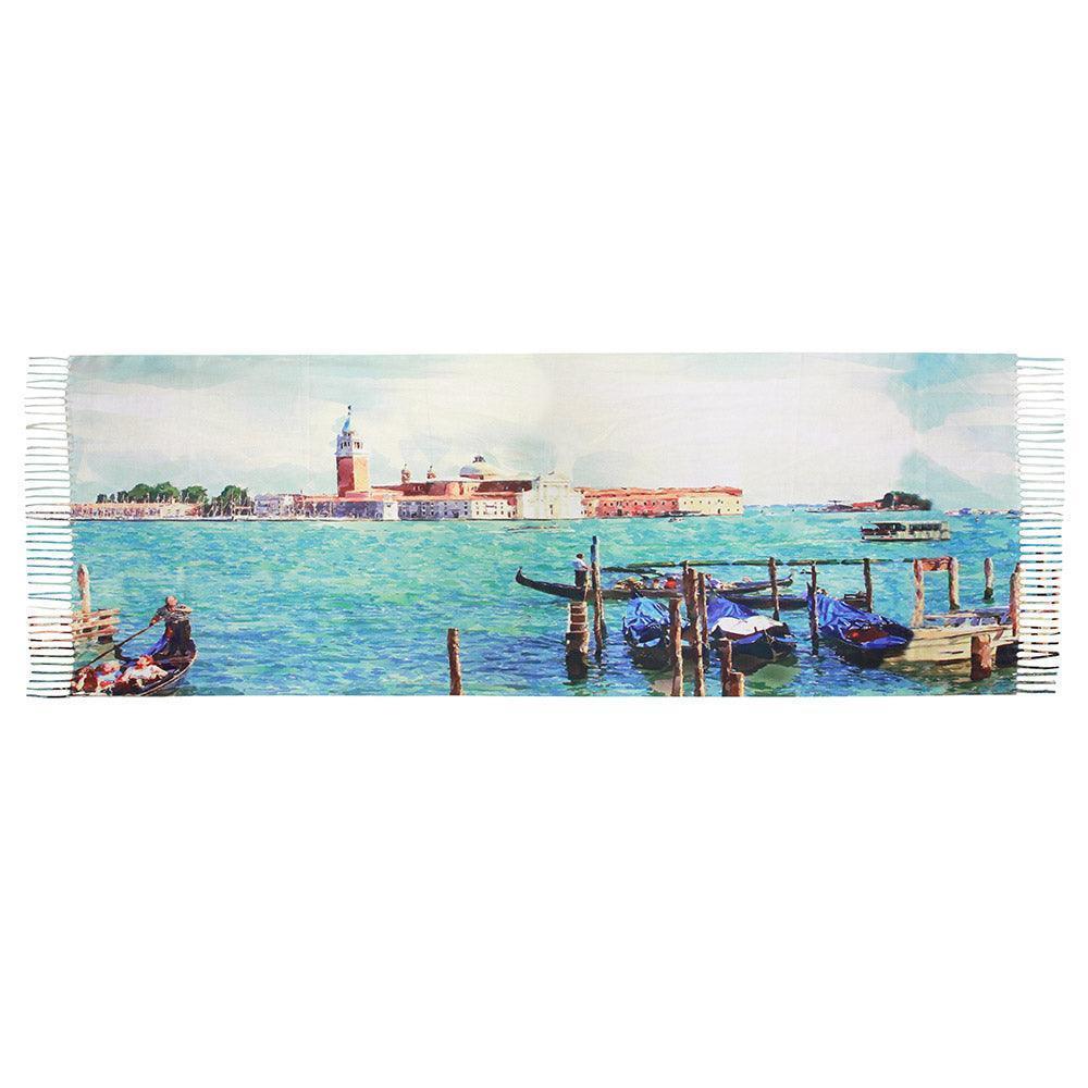 Blue Watercolor Painting of Boats on The River Printed Scarf - Jewelry Store by Erik Rayo