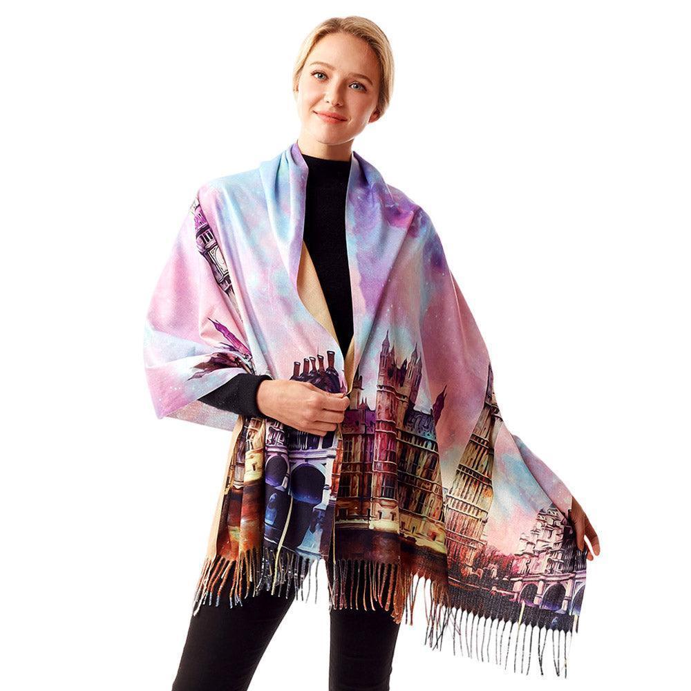 Purple Big Ben Clock Tower Painting Printed Scarf - Jewelry Store by Erik Rayo
