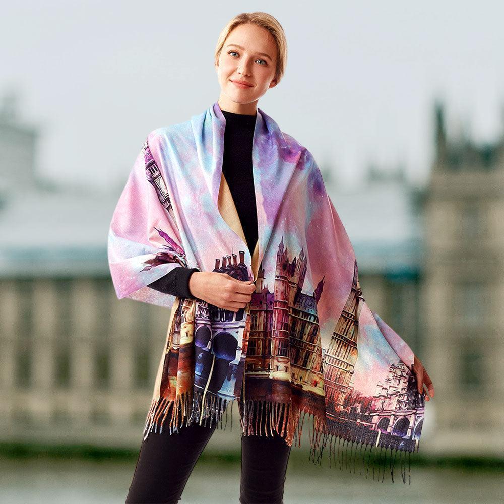 Purple Big Ben Clock Tower Painting Printed Scarf - Jewelry Store by Erik Rayo
