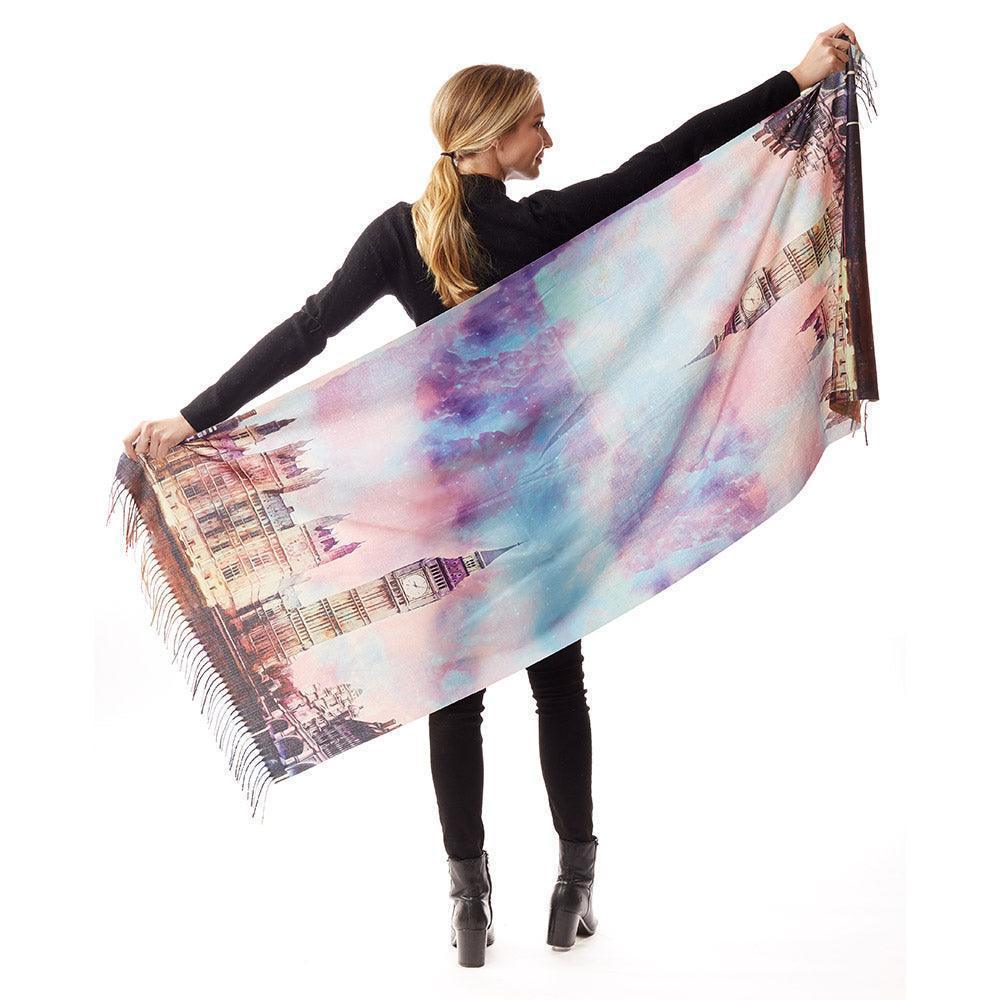 Purple Big Ben Clock Tower Painting Printed Scarf - Jewelry Store by Erik Rayo