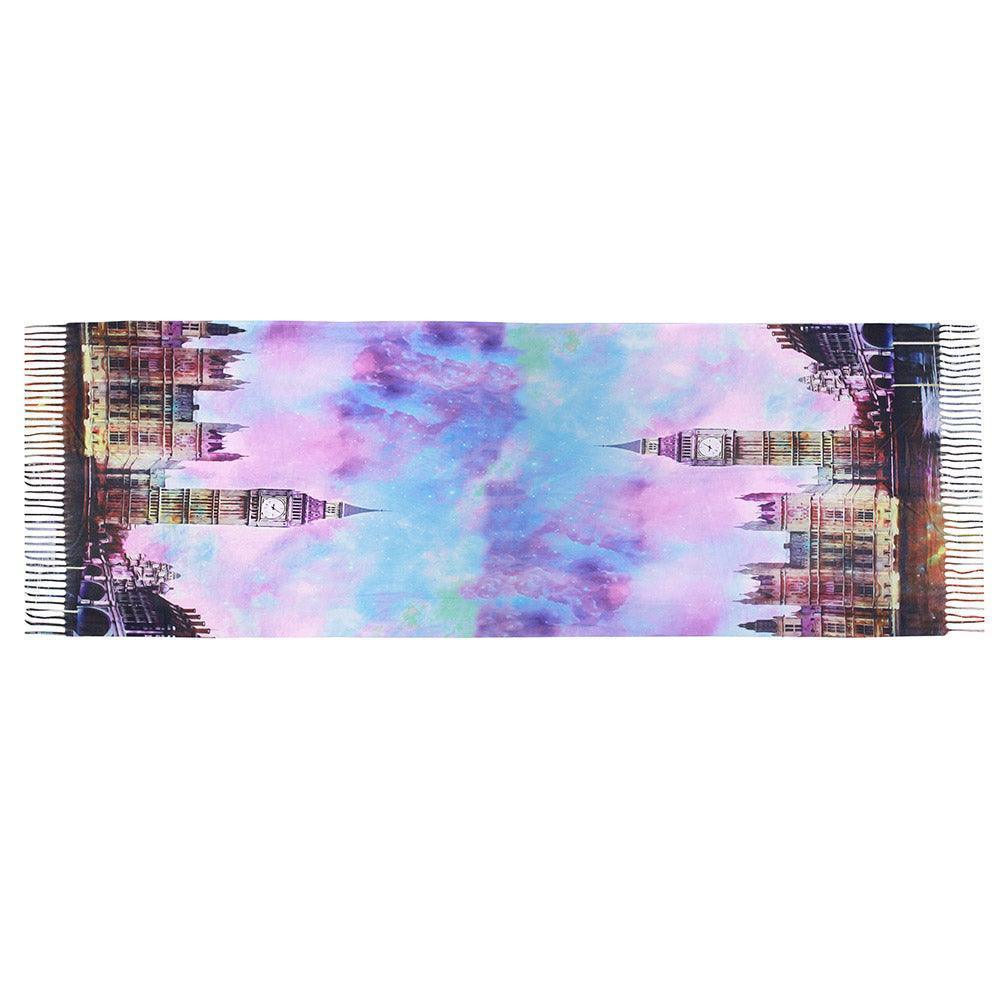Purple Big Ben Clock Tower Painting Printed Scarf - Jewelry Store by Erik Rayo