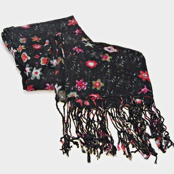 Black Floral Print Fringe Oblong Scarf - Jewelry Store by Erik Rayo