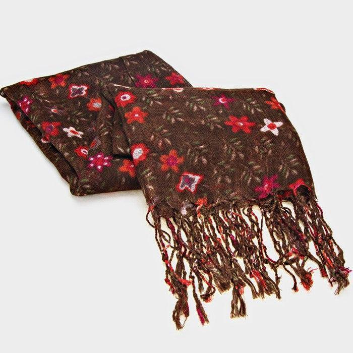 Brown Floral Print Fringe Oblong Scarf - Jewelry Store by Erik Rayo