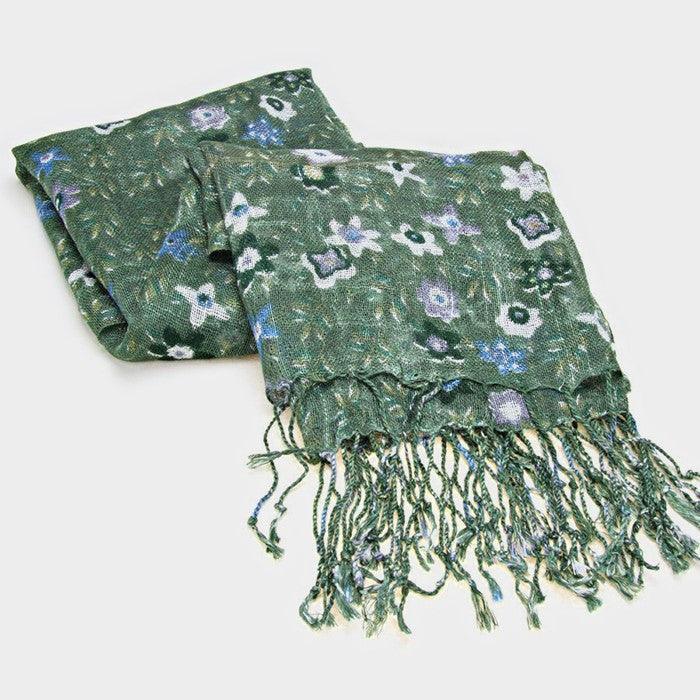 Green Floral Print Fringe Oblong Scarf - Jewelry Store by Erik Rayo