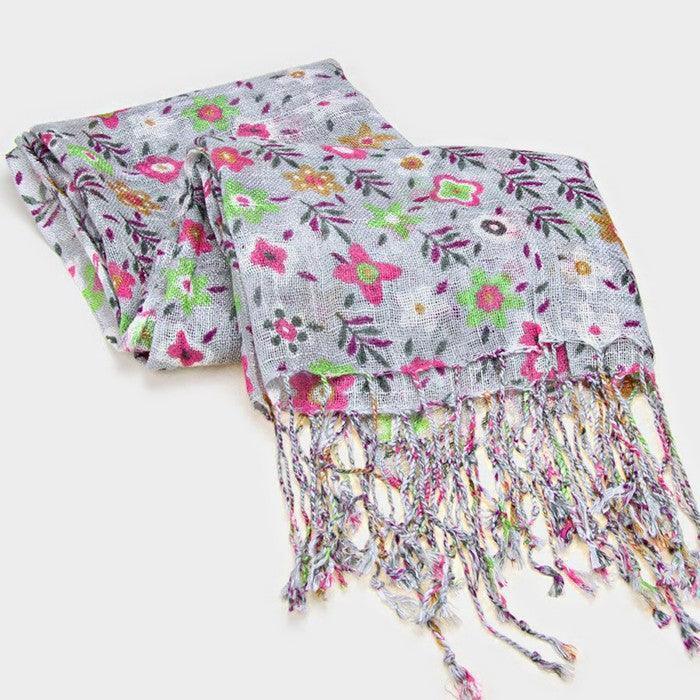 Gray Floral Print Fringe Oblong Scarf - Jewelry Store by Erik Rayo