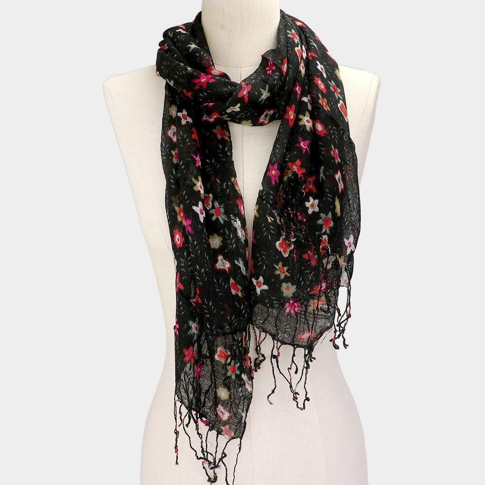 Black Floral Print Fringe Oblong Scarf - Jewelry Store by Erik Rayo