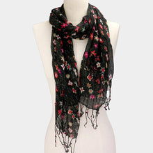 Load image into Gallery viewer, Black Floral Print Fringe Oblong Scarf
