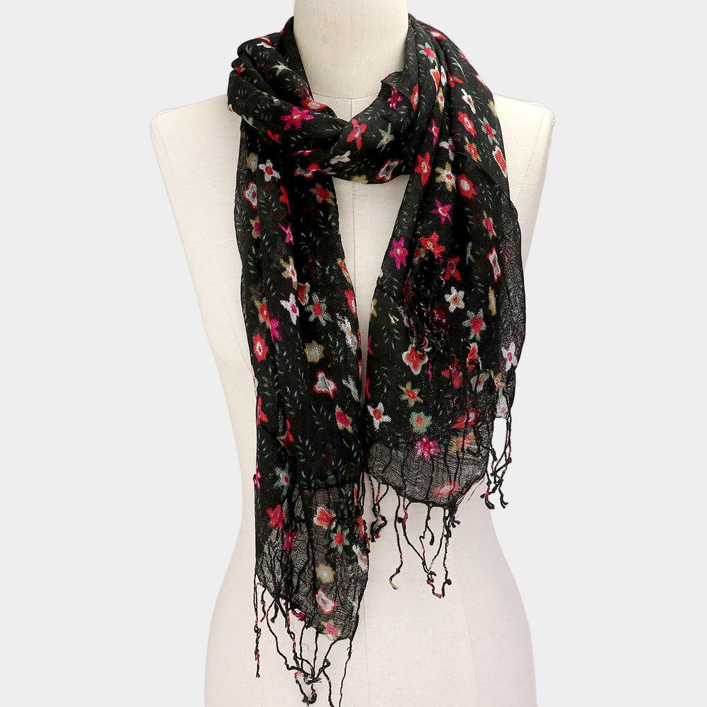 Black Floral Print Fringe Oblong Scarf