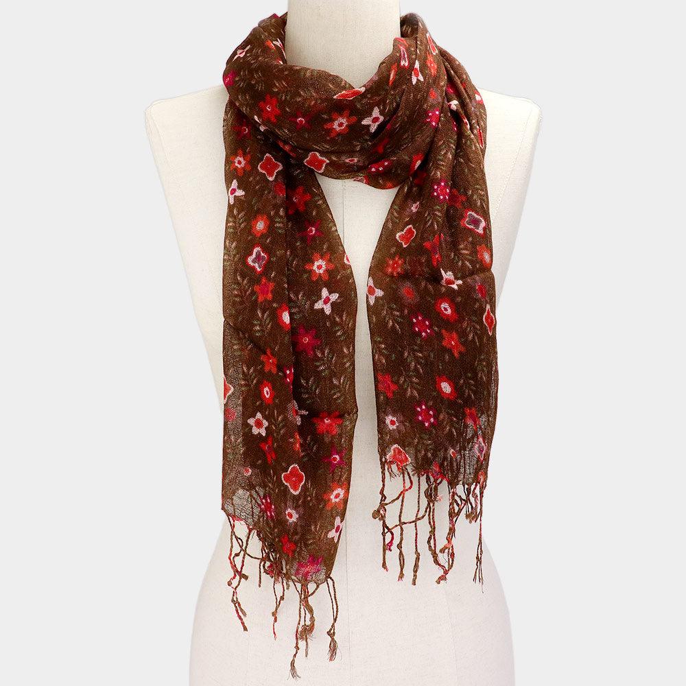 Brown Floral Print Fringe Oblong Scarf