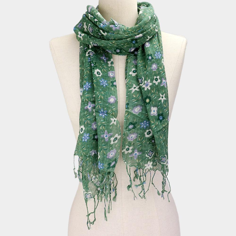 Green Floral Print Fringe Oblong Scarf